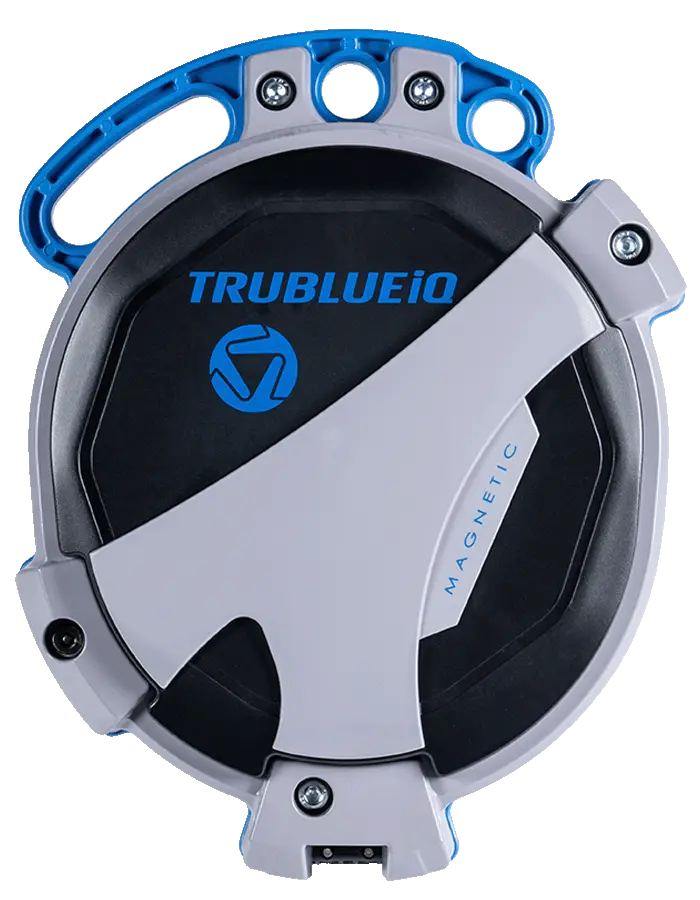 TRUBLUE iQ Auto Belay device, designed for indoor and outdoor climbing walls, offering lightweight durability and advanced safety features