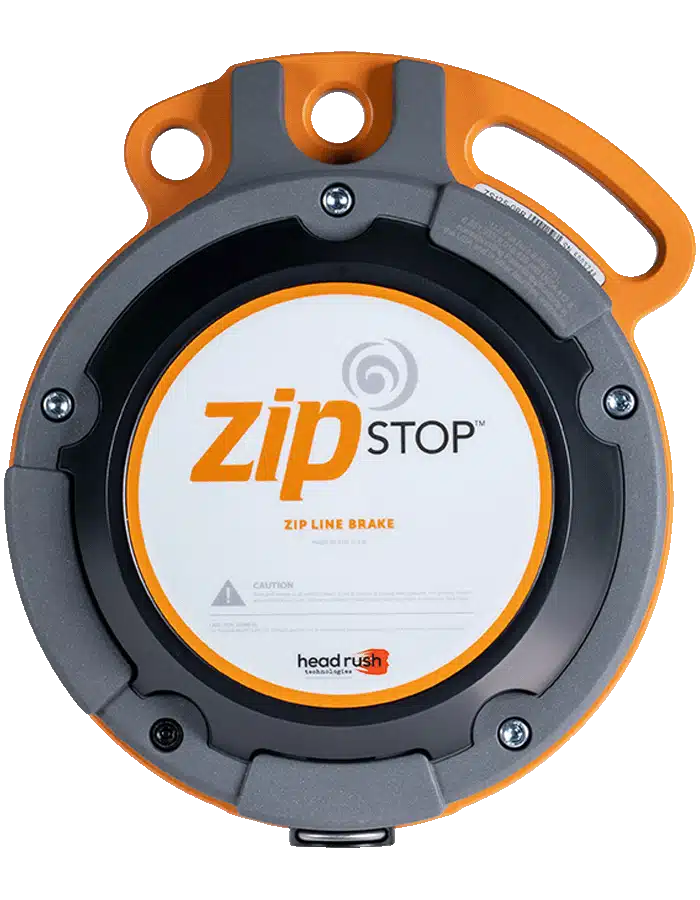 zipSTOP braking system designed for smooth and safe zipline landings with a speed range of 0-22mph and maximum braking distance of 33ft