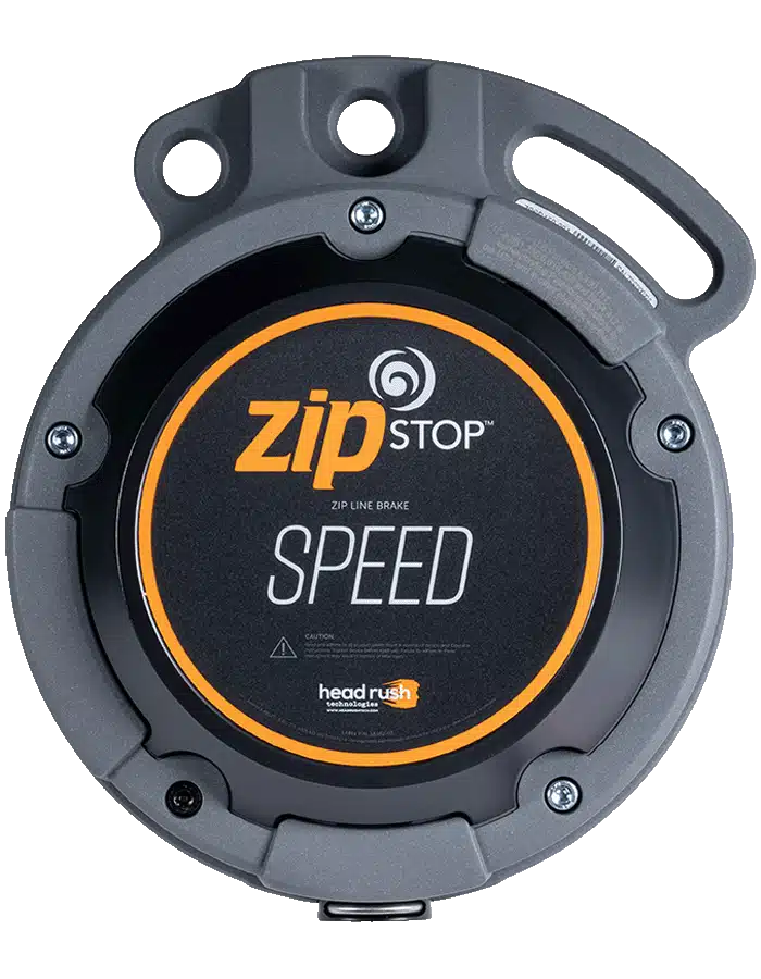 zipSTOP Speed braking system designed for high-speed ziplines, accommodating speeds of 30-45mph with a maximum braking distance of 131ft