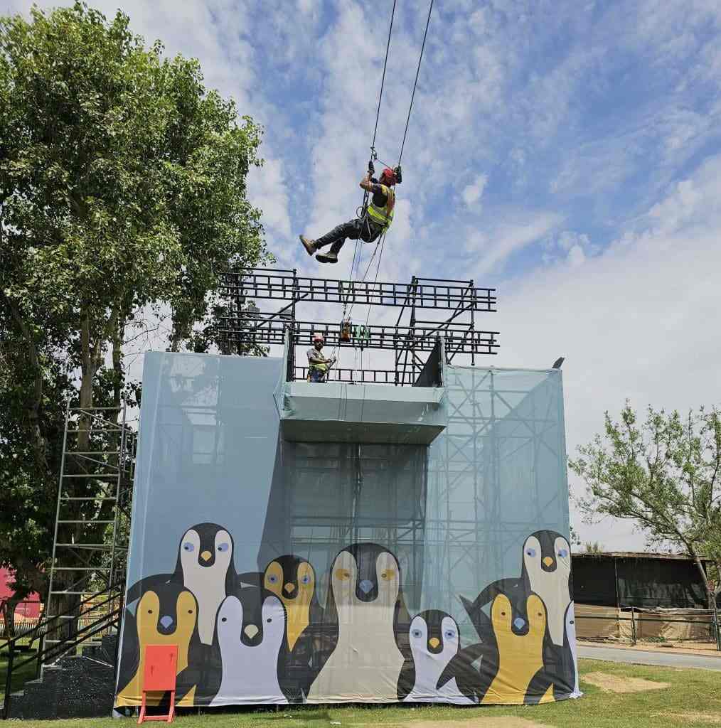 Safe zipline landing setup at Al Ain Zoo with advanced braking technology ensuring a thrilling and secure adventure experience.